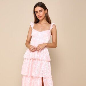 Lulus Stunning Glory Light Pink Floral Jacquard Tiered Maxi Dress - Size S